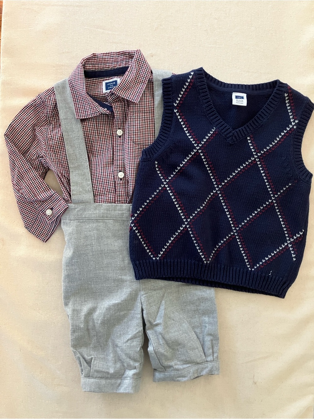 Janie and Jack 6-12m Navy Argyle Vest, Red Check Shirt and Suspender Pants Set